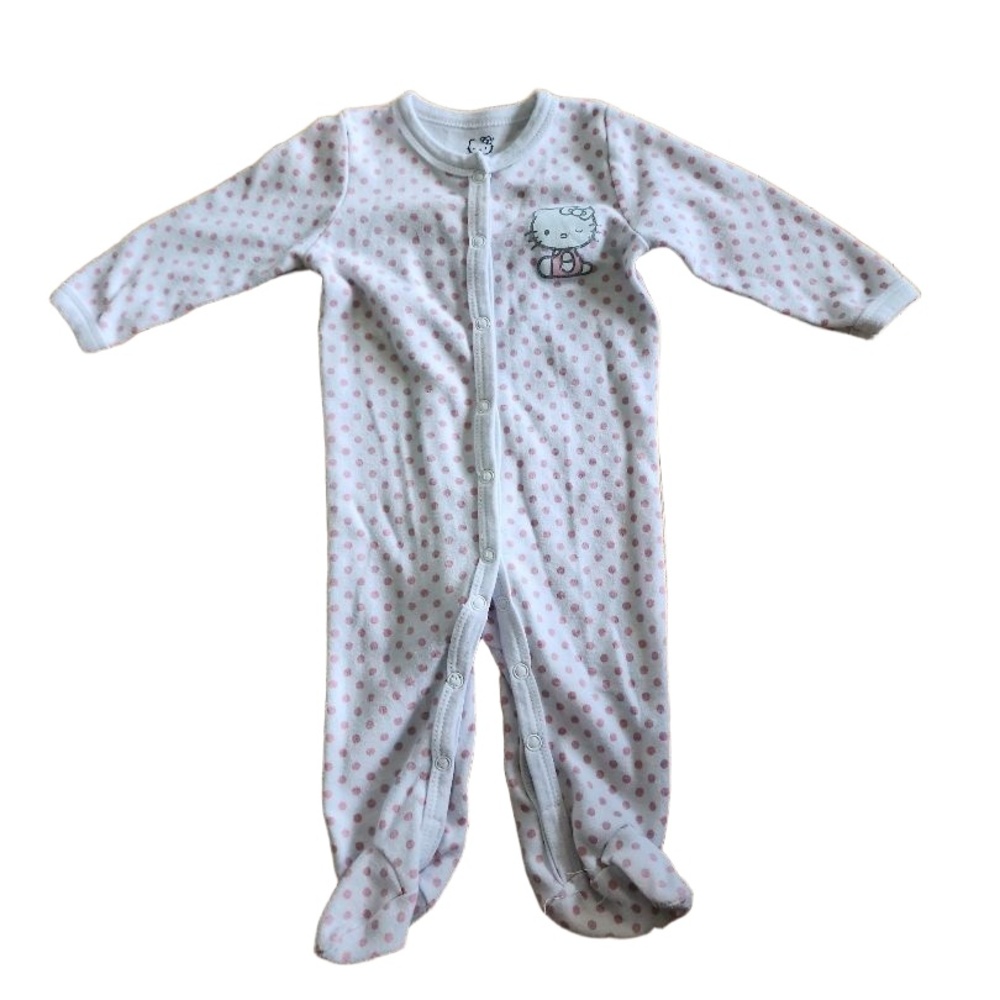 Hello Kitty Girls Pajama‎ 6-9M White Pink Polka Dot Footed Embroidered Cozy